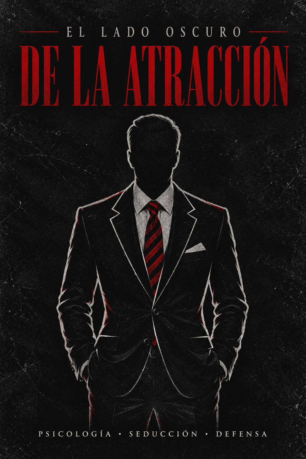 Portada de El lado oscuro de la atracción: hombre sin rostro con traje, sobre fondo negro y detalles rojos